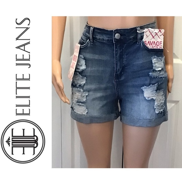 Elite Jeans Savage Collection High Rise Distressed Cuffed Denim Shorts Size 13 - Picture 1 of 9